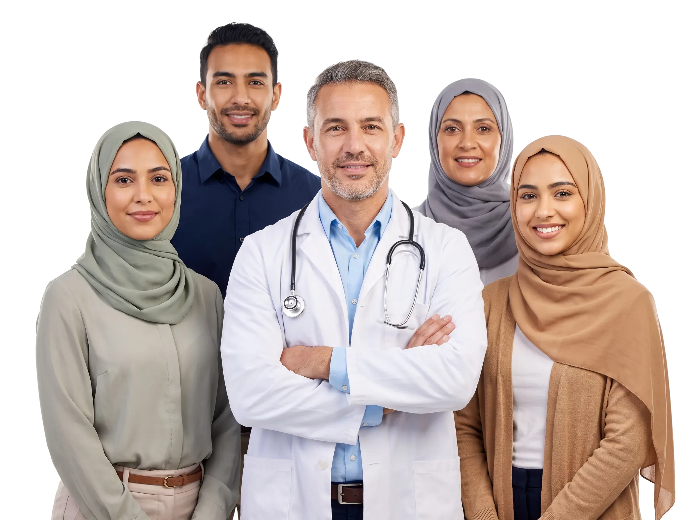 خمسة من الأخصائيين والأطباء يقفون معاً